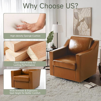 UIXE Faux Leather Swivel Accent Chair, Upholstered Arm Chair for Living Room, Modern Club Armchair Comfy Single Sofa Bedroom Reading Seat with Lumbar Pillow - Cognac Brown