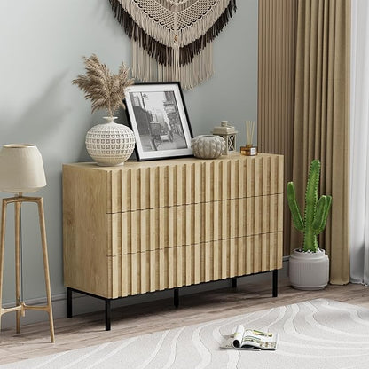 UEV Fluted Dresser for Bedroom with 6 Drawers, 47" Wide Large Chest of Drawers with Metal Stand, Mid-Century Wooden Dresser TV Stand, Closet Storage Organizer for Living Room, Hallway (Ivory White)