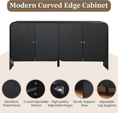 Fluted Sideboard Buffet Cabinet with Storage, 59'' Curved Buffet Cabinet with 4 Doors & Shleves, Modern Credenza Wood Coffee Bar Table Console for Dining Room Kitchen Living Room Entryway, Black