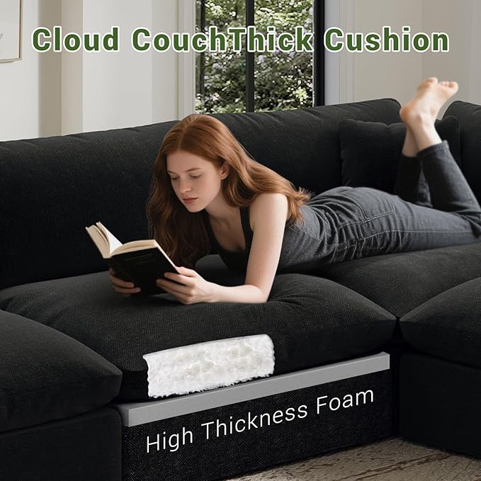 Modular Sectional Sofa,Extra Comfty Deep-Seat-Filled Couch,Black 6 Seat U Shape Sofas with Movable Ottoman,Modern Couches for Living Room, Apartment, Office,Small Space