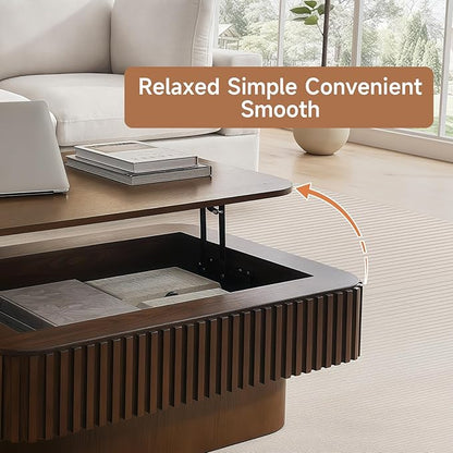 Lift Top Coffee Table for Living Room, Fluted Coffee Tables with Storage, Solid Wood Veneered Modern Accent Tea Center Table for Small Space Apartment (Walnut-38.6''D×26.8''H)