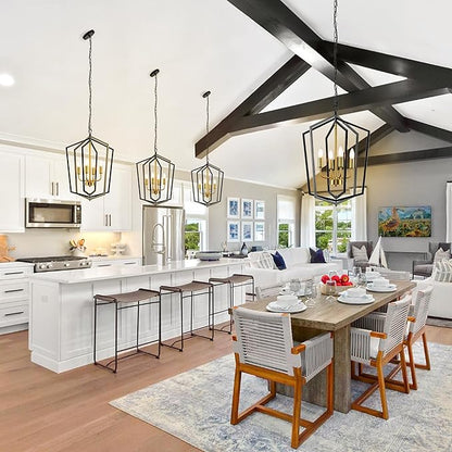 18.1" Chandeliers for Dining Room, 4-Light Farmhouse Foyer Lighting Fixtures, Modern Pendant Lights Kitchen Island, Black and Gold Lantern Pendant Light, for Bedroom, Entryway, Staircase