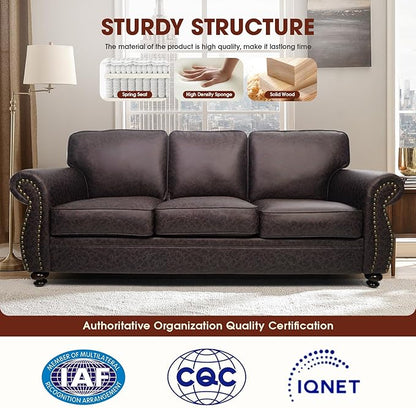 Mid-Century Vintage Sofa Couches with Rivet Design,3-Seater Sofa,Removable Sofa Cover Upholstered Cushions and Solid Wood Frame (Brown, 3-Seater)