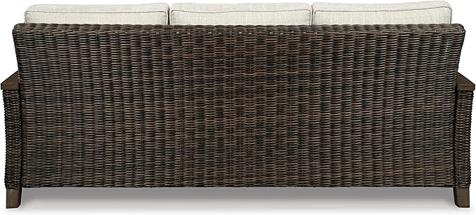 Signature Design by Ashley Paradise Trail Outdoor Patio Sofa with Cushion and 2 Throw Pillows, Cleanable Performance Fabric, Resin Wicker, Brown & Beige