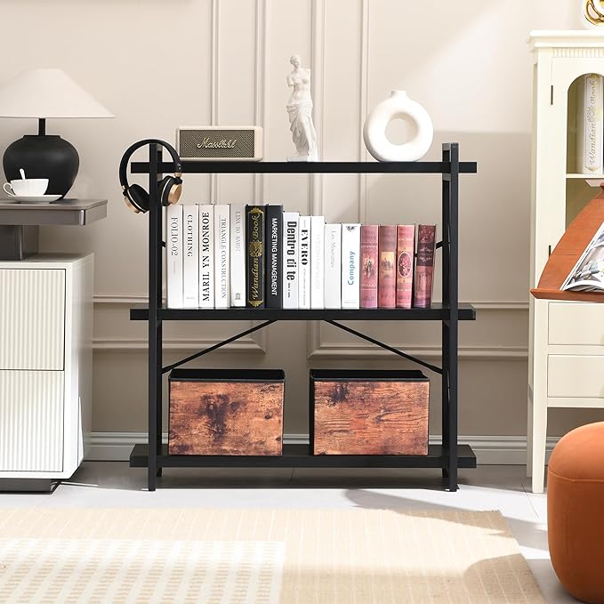 HCHQHS Bookshelf, 3-Tier Industrial Bookcase, Black Open Book Shelf, Freestanding Horizontal Bookshelves with Metal Frame