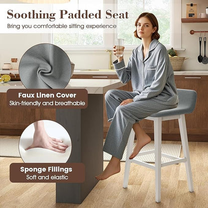 COSTWAY Wooden Bar Stools Set of 2, 29-inch Height Upholstered Padded Seat, Low Backrest, Footrest, Rubber Wood Legs, Armless Bar Chairs for Kitchen Counter Island, Dining Room, White+Gray