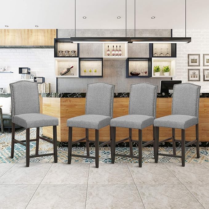 COSTWAY Bar Stools Set of 4, 25'' Upholstered Counter Height Bar Stools with S-Shaped Spring Thick Cushion, Rubber Wood Legs, High Back Leisure Chairs for Living, Kitchen, Dining Room (Grey, 4)