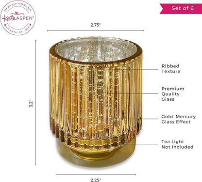 Kate Aspen Gold Votive Candle Holders - Vintage Ribbed Glass Candle Holder Set of 6 - Mercury Glass Tealight Holders for Christmas Table Decor, Holiday Centerpieces, Fall Thanksgiving Tablescape