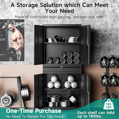 SISESOL Metal Garage Storage Cabinet with Drawer and Lock,Black Metal Storage Cabinet with Locking Doors and Adjustable Shelves,71" Tall Large Steel Tool Cabinets for Home,Office,Garage,Shop