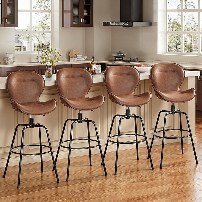 VECELO Swivel Counter Height Bar Stools Set of 2, Faux Leather Upholstered Bar Chairs with Back, Sturdy, Stylish, Easy to Clean, Barstools for Kitchen Island, Brown