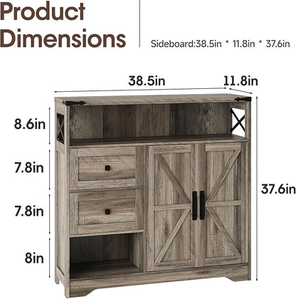 Fameill Farmhouse Storage Cabinet with Drawers and Open Storage,Freestanding Kitchen Pantry with 2 Barn Doors, Floor Cabinet with Adjustable Shelf for Living Room,Grey