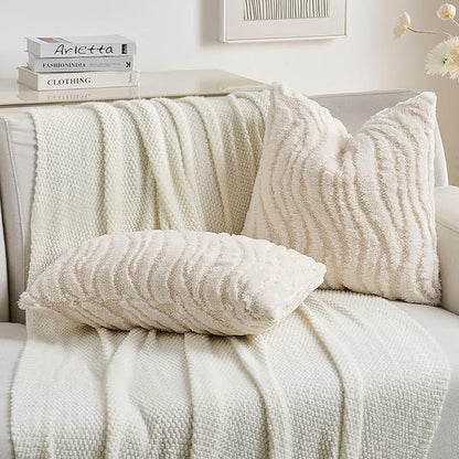 FUTEI Cream Decorative Throw Pillow Covers 12x20 Inch Set of 2,Soft Faux Fur Geometric Shapes Texture Pillowcase,Boho Home Decor for Couch Bed Living Room
