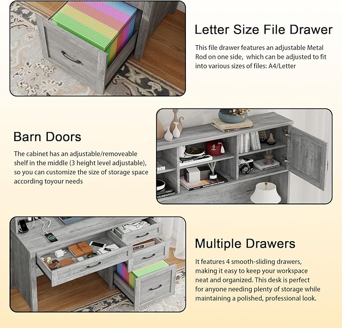 Farmhouse 67" H Executive Desk with Hutch,Office Desk with 4 Drawers and LED light, Wood Workstation for Home Office and Study, Computer Desk with Storage Cabinet,File Drawers, Charging Station.Gray