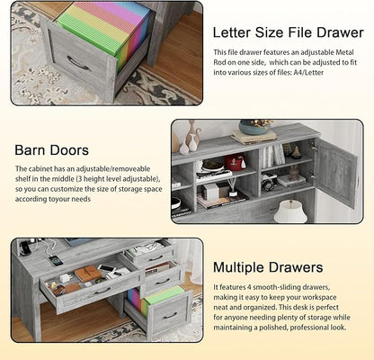Farmhouse 67" H Executive Desk with Hutch,Office Desk with 4 Drawers and LED light, Wood Workstation for Home Office and Study, Computer Desk with Storage Cabinet,File Drawers, Charging Station.Gray