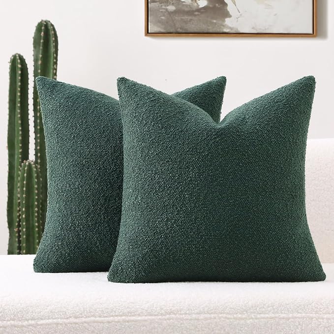 FUTEI Christmas Pack of 2 Dark Green Decorative Throw Pillow Covers 22x22 Inch Soft Cozy Solid Boucle Textured Cushion Case,Modern Home Decor for Couch Bed Living Room
