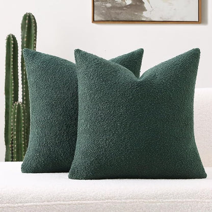 FUTEI Christmas Pack of 2 Dark Green Decorative Throw Pillow Covers 22x22 Inch Soft Cozy Solid Boucle Textured Cushion Case,Modern Home Decor for Couch Bed Living Room