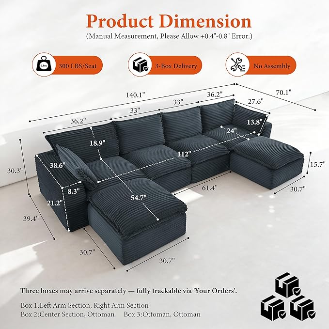 108" Sectional Couches for Living Room Boneless Couch Upholstered Cloud Couch Sectional Modular Sectional Sofa with L Shaped (Corduroy-Blue, 4 Seat+2 Ottoman)