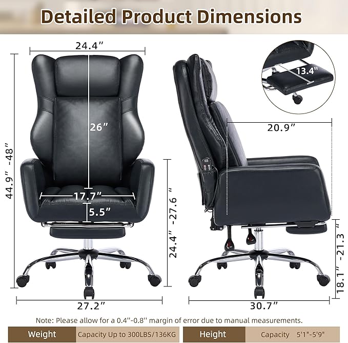 DYHOME Black Leather Office Chair with Massage and Footrest, Heavy Duty Task Desk Chairs Swivel Ergonomic Computer Gaming Chairs with Lumbar Support, Wheels Flip-up Arms Adjustable Height