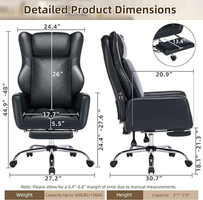 DYHOME Black Leather Office Chair with Massage and Footrest, Heavy Duty Task Desk Chairs Swivel Ergonomic Computer Gaming Chairs with Lumbar Support, Wheels Flip-up Arms Adjustable Height
