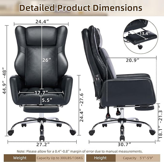 DYHOME Black Leather Office Chair with Massage and Footrest, Heavy Duty Task Desk Chairs Swivel Ergonomic Computer Gaming Chairs with Lumbar Support, Wheels Flip-up Arms Adjustable Height