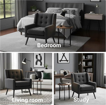 Mid-Century Modern Accent Chair, Plush Linen Fabric with Button Tufted High Back & 5" Thick Cushion, High Comfort Reading Chair for Living Room, Bedroom, Office (Black)