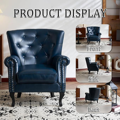 Modern Accent Chair, Mid-Century Faux Leather Armchair with Solid Wood Legs, Single Sofa Club Chair for Living Room, Bedroom, Leisure Room, Reading Room(Navy)