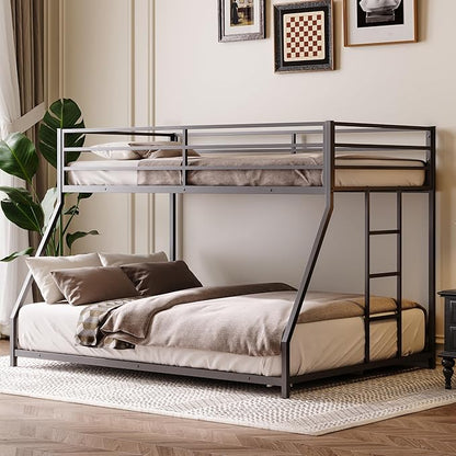 Bellemave Twin Over Full Bunk Bed Frame with Convertible Ladder, Heavy Buty Floor Bunk Bed Twin Over Full Bunk Beds with Full Length Guardrail, Black