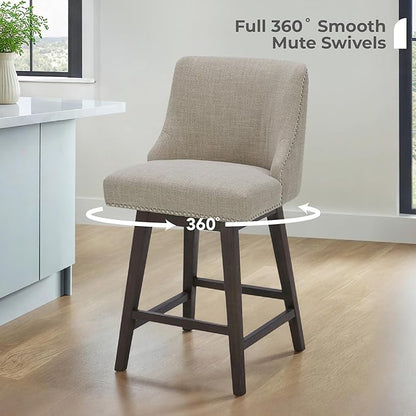 CHITA Counter Height Swivel Bar Stools, FSC Certified Upholstered Counter Stools, Modern Swivel Barstools with Wood Legs for Kitchen Island, 26" Seat Height, Fabric in Tan