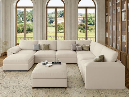 EASE MOOSE Modular Sectional Sofa, Oversized Faux Leather Sectional with Ottoman, Wide Deep Modular Couch, Scratch Resistant Faux Leather Material, U Shaped Couch for Big Spaces, Beige