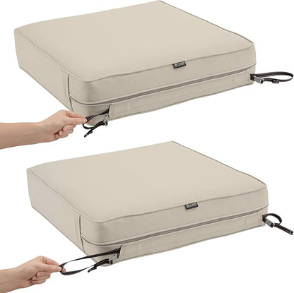 Classic Accessories Montlake Water-Resistant 25 x 25 x 5 Inch Outdoor Seat Cushion, Durable Patio Furniture Cushion with Straps,Antique Beige, Outdoor Cushion Cover