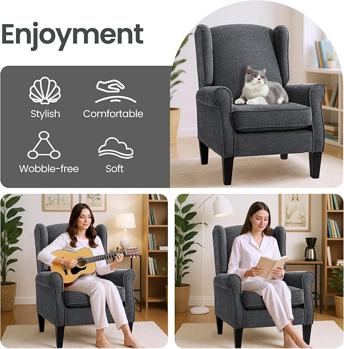 Accent Chair Set of 4, Modern Living Room Chairs with Wingback, Comfy Upholstered High Back Single Sofa for Bedroom, Mid-Century Reading Armchair Sillas para Sala