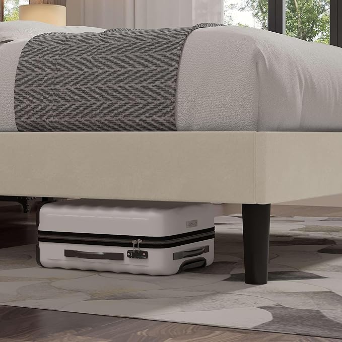 VECELO Full Size Bed Frame with Upholstered Headboard, Velvet Platform Bedframe Mattress Foundation, Strong Wood Slat Support, No Box Spring Needed,Velvet Beige