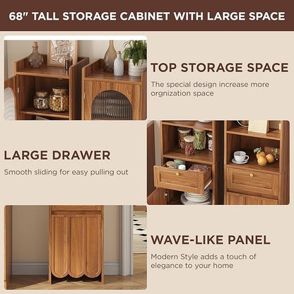 Maupvit 68” Tall Bathroom Storage Cabinet, Narrow Freestanding Cabinet with Fluted Glass Door and Drawer, 3-Tier Adjustable Shelves, Wave-like Panel, 14.9" Wide for Small Space, 8 Compartments, Walnut