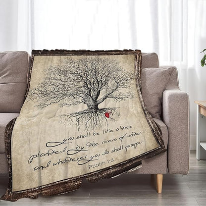 Christian Bible Tree of Life Throw Blanket - Religious Gifts and Decor for Women Men Adults - Soft Warm Cozy Fleece for Couch Sofa Bed 60"x50"