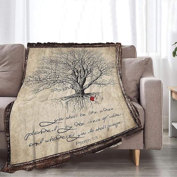 Christian Bible Tree of Life Throw Blanket - Religious Gifts and Decor for Women Men Adults - Soft Warm Cozy Fleece for Couch Sofa Bed 50"x40"