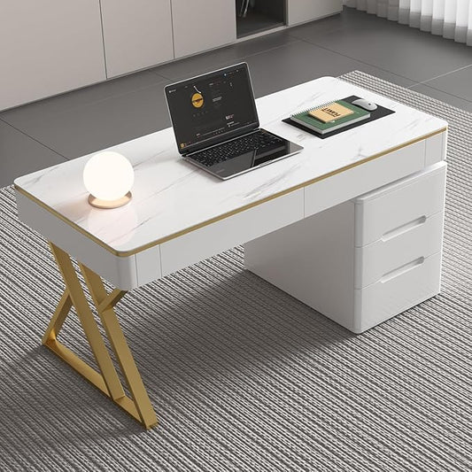Executive Desk with Drawers, White Computer Desk with Drawers with Tempered Glass Top & Marble Pattern, 47 inch Modern Home Office Desk with Charging Station for Study, Living Room, Bedroom