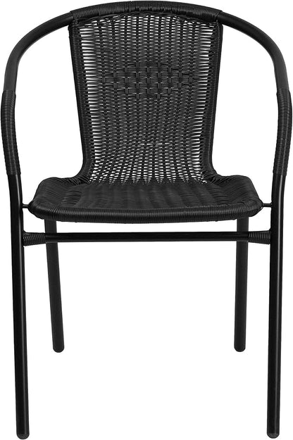 EMMA + OLIVER Set of 2 Modern Rattan Indoor/Outdoor Stack Chairs, Stacking Rattan Patio Chairs with Curved Back and Cross Bracing, Black