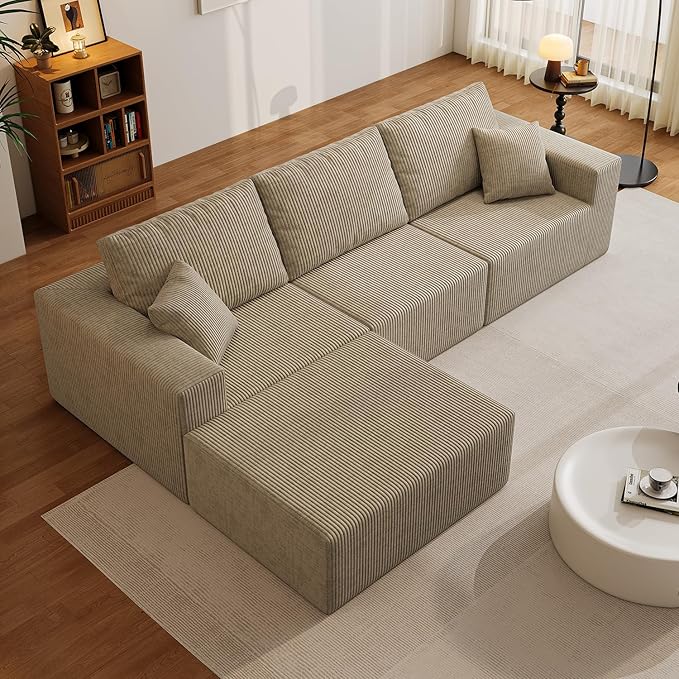 110" Boneless Cloud Sectional Couch for Living Room, Compressed Modular L-Shaped Sofa with Deep Seat, Frameless Corduroy Couch in Boxes, No Assembly Required 3-Seater (Left-Facing Chaise, Grey)