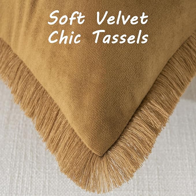 FUTEI Brown Velvet Decorative Throw Pillow Covers 16x16 Set of 2,Soft Cozy Edge with Tassels Cushion Case,Boho Modern Home Decor for Couch Bed Living Room