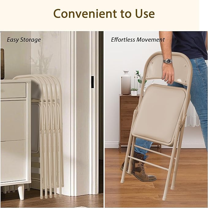4 Pack Khaki Folding Chairs with Padded Cushion and Back, Portable Duty Metal Frame Commercial Seat, Foldable Indoor Outdoor Chairs for Office Party Events Kitchen Dinning Wedding, 330-LBS Capacity