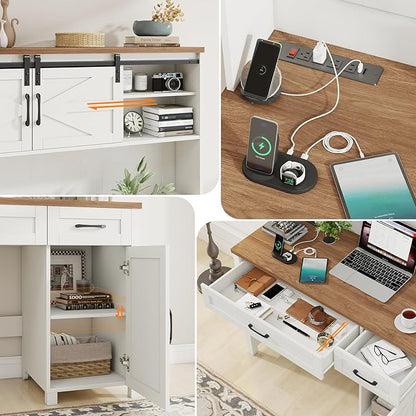 Farmhouse 47" Executive Computer Desk with 2 Drawers and Storage Cabinet, Home Office Desk with Hutch and Charging Station, Workspace for Work and Study (White&Brown).
