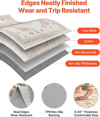 VEVOR 8 x 10 ft Area Rug Large Washable Rug Non-Slip and Tear-Resistant Soft Carpet Pet & Child Friendly Vintage Area Rugs Indoor Mat for Bedroom Living Room Kids Room Office Brown Red