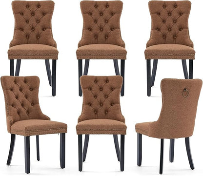 Linen Upholstered Dining Chairs Set of 6, Modern Style Kitchen Side Chairs with Nailhead Trim and Wood Leg, Metal Pulling Ring for Dining Room Living Room(Coffee,Set of 6)