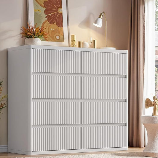 White 8 Drawer Dresser, Modern Fluted Dressers & Chest of Drawers for Bedroom, 48" Wide Dresser TV Stand with Deep Drawer, Curved Profile, Wood Organizer for Bedroom, Living Room, Hallway