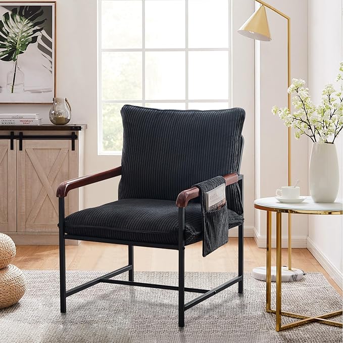 CLIPOP Accent Chair with Corduroy Fabric, Wood Armrests, Removable Cover, Side Pocket, Comfortable Armchair for Living Room & Bedroom, Durable Comfy Reading Chair for Home Office, Black