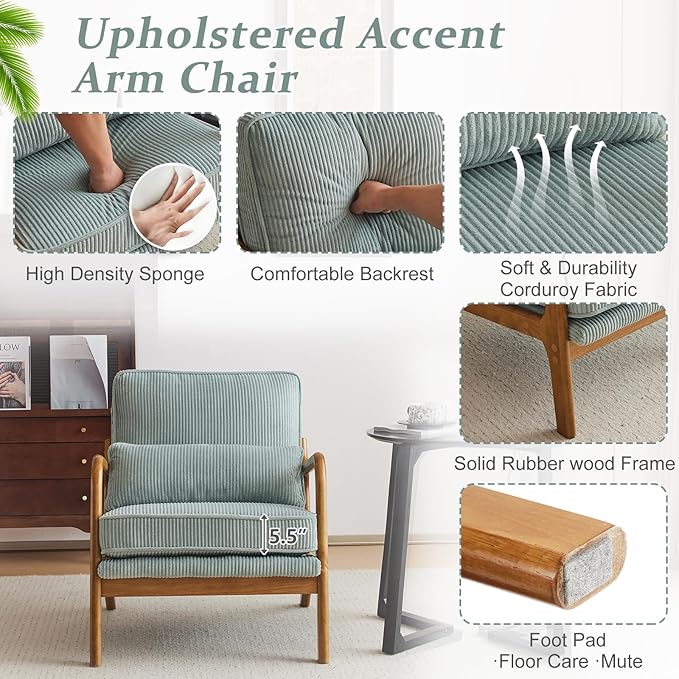 VINGLI Upgraded Premium Corduroy Accent Chairs Set of 2,Upholstered Arm Chair,Solid Wood Comfy Reading Chair with Pillow, Mid Century Modern Chairs for Living Room,Bedroom,Light Teal