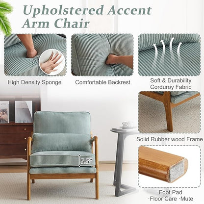 VINGLI Upgraded Premium Corduroy Accent Chairs Set of 2,Upholstered Arm Chair,Solid Wood Comfy Reading Chair with Pillow, Mid Century Modern Chairs for Living Room,Bedroom,Light Teal