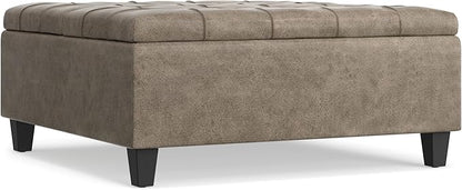 SIMPLIHOME Harrison Coffee Table Storage Ottoman - 36 inch Wide Upholstered Faux Leather Square Lift-Top Ottoman in Distressed Smoky Grey Brown, Transitional Ottoman for Living Room with Storage