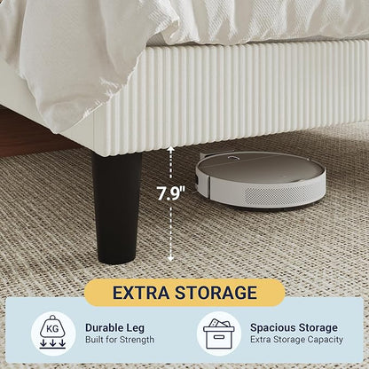 Allewie Full Size Upholstered Bed Frame with Vertical Channel Tufted Headboard, Soft Corduroy Fabric Platform Bed, Strong Wooden Slats Support, Easy Assembly, No Box Spring Needed, White