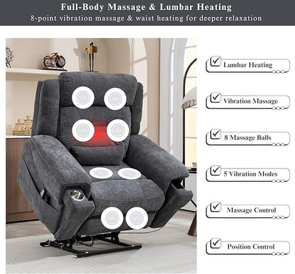 Big Man Power Lift Recliner for Elderly Adults 28 Inch Wide Seat, Oversized Recliner 400 lbs with Heat Massage, Lay Flat Recliner Chair Cup Holder & Wireless Phone Charger, USB Type C Charging